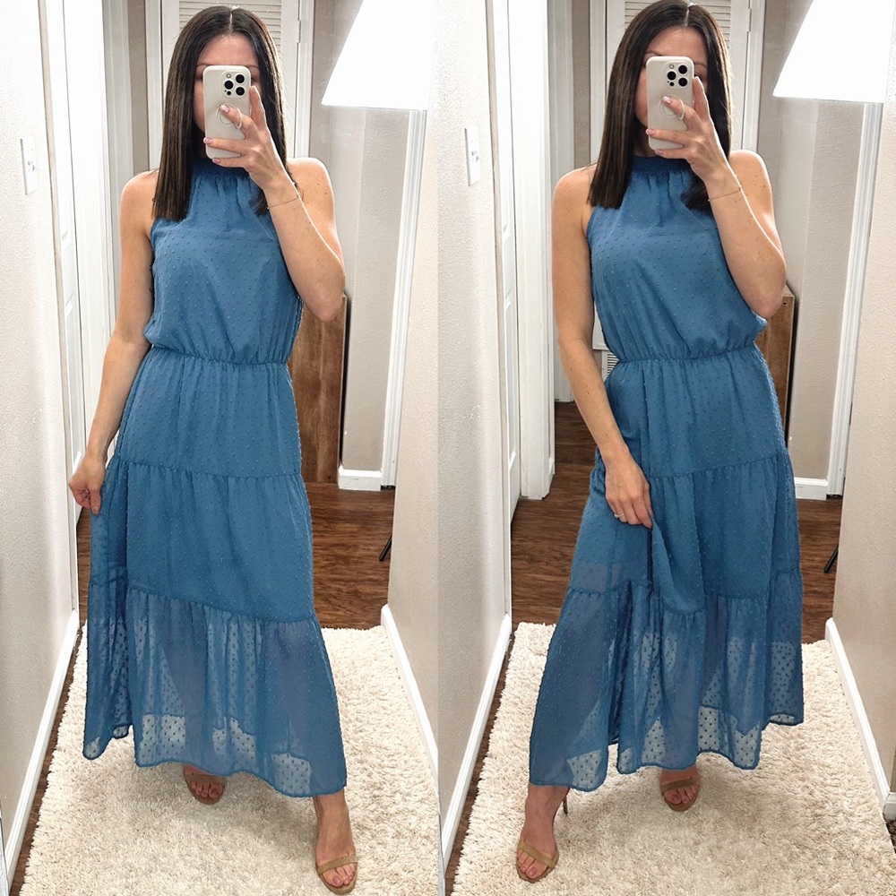 Pretty Garden BoHo blue Tiered sleeveless halter midi dress size Small
